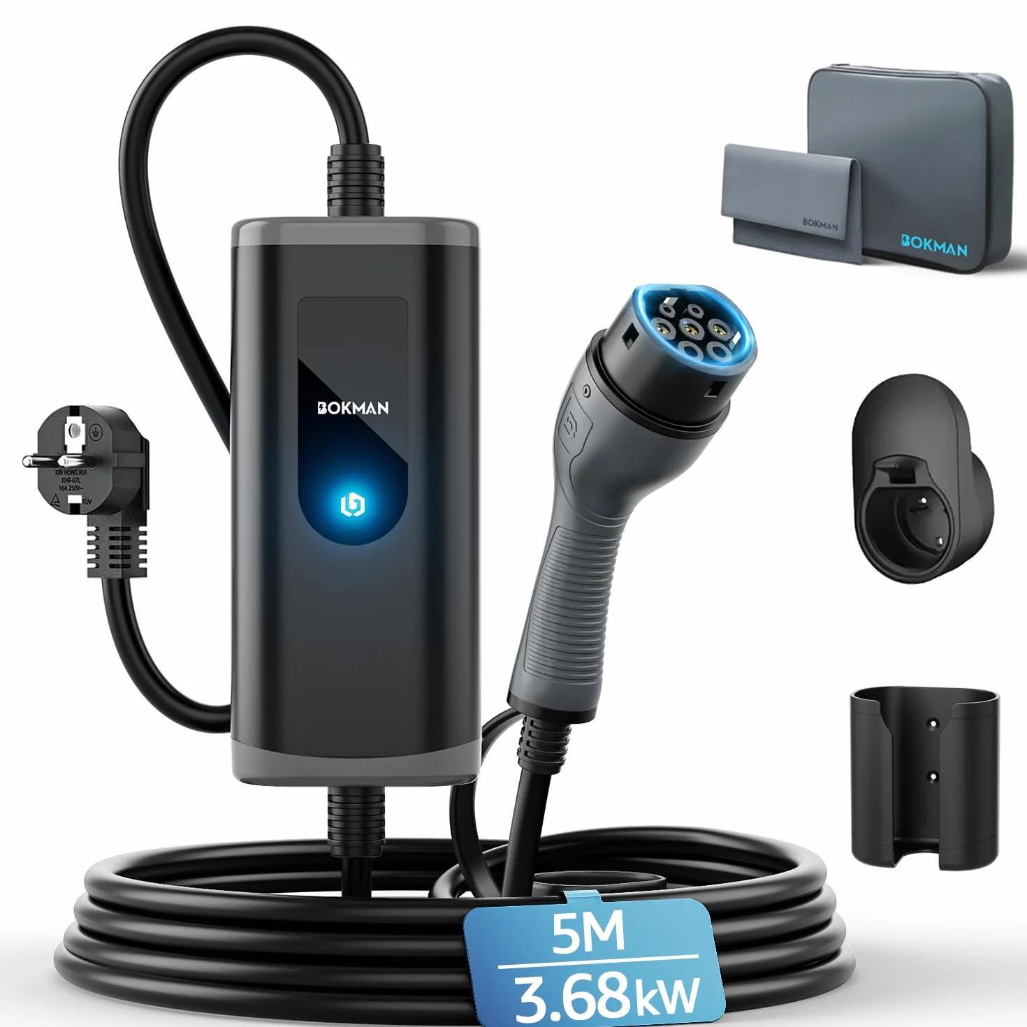 bokman Chargeur Voiture Electrique, (16A, 3.68kW, 5m) Type 2 EVSE Portable Recharge Voiture Electrique Compatible avec Model 3, Model Y, EX30, XC60, Q4, MG4, 208EV et PHEVs