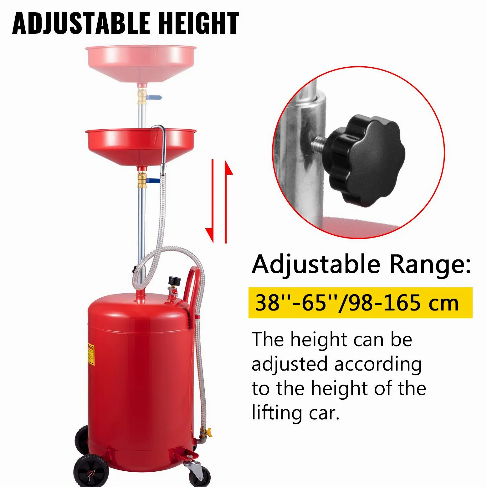 VEVOR Réservoir de vidange d'huile usagée, 80 L, récipient de vidange d'huile Portable, Drainage de Transfert de Carburant Fluide, Hauteur d'entonnoir réglable, avec Roue pour Retrait Facile d'huile