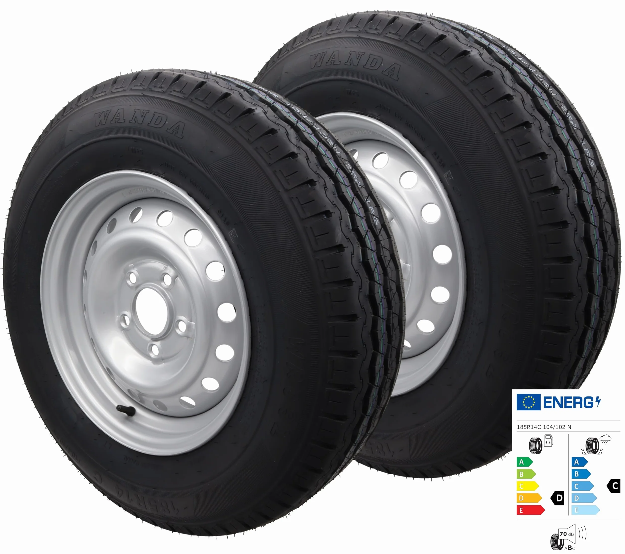 Roue complète 185R14C 112 x 5, 900 kg, roues de 14", 185/14 R 14 C, pour remorque (2 pièces)