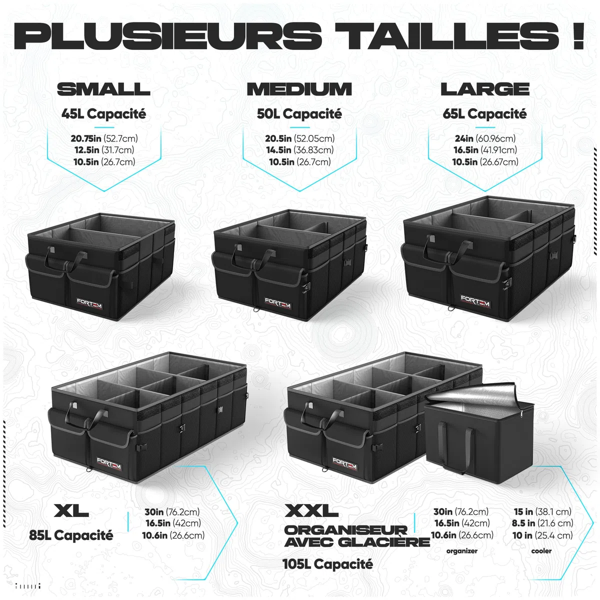FORTEM Organiseur de coffre de voiture, pliable, plusieurs compartiments, rangement pliable pour accessoires de voiture, fond antidérapant, sangles de sécurité, couvercle souple, 50 L (Noir, Standard)