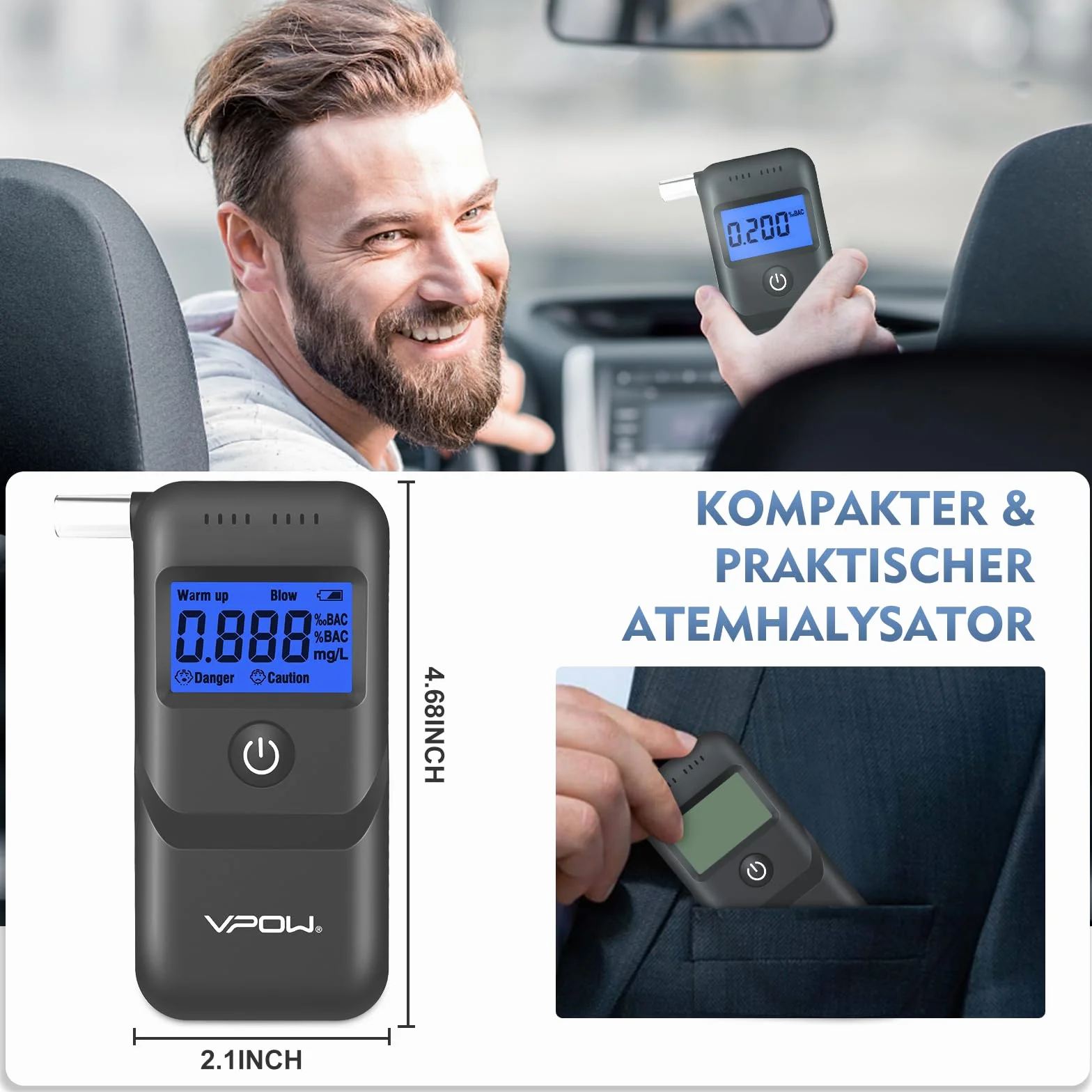 VPOW Ethylotest, Éthylotest Electronique avec Affichage Numérique LCD Bleu, Précision de Qualité, Alcootest Électronique Personnel pour Usage Domestique et Professionnel - Gris