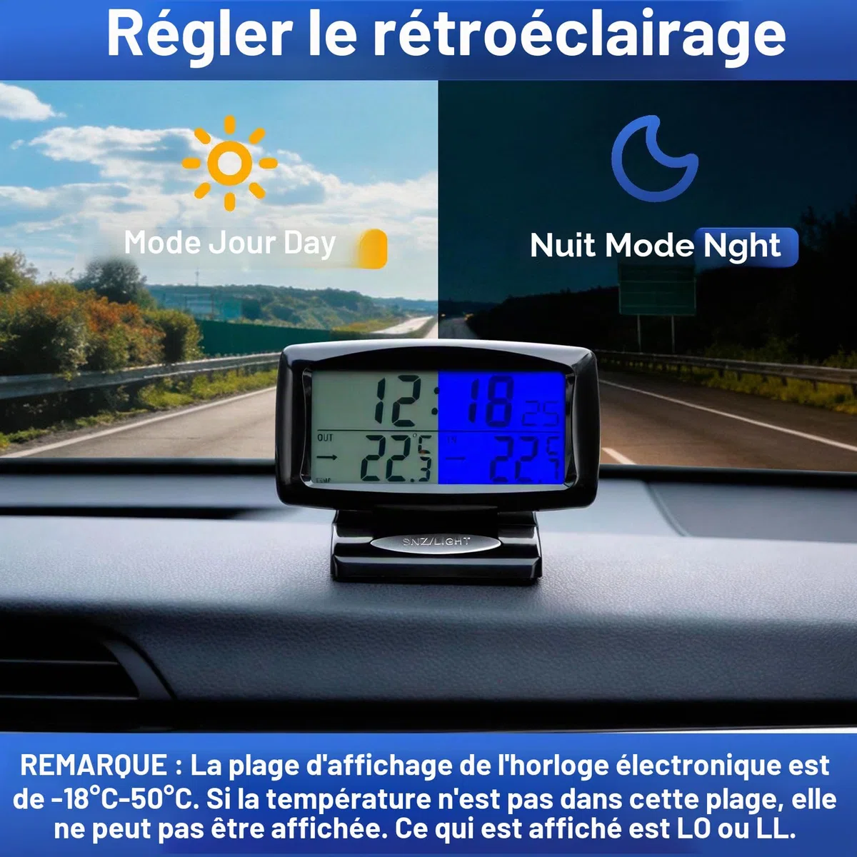 Riloer Thermomètre d'horloge de voiture, Horloge voiture numérique 2 en 1 et Themp avec écran LED pour voiture intérieur extérieur maison