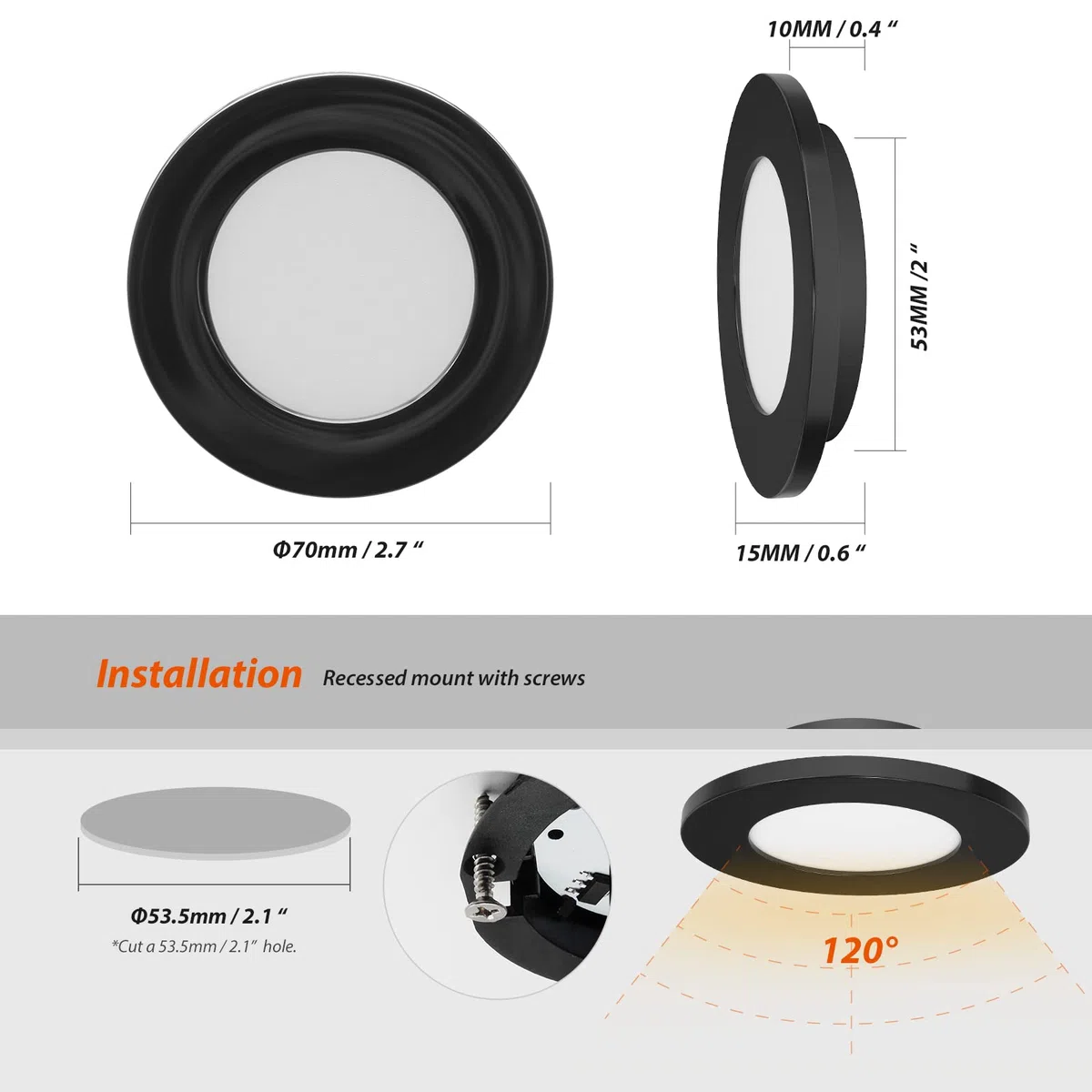 Dream Lighting Spot LED 12v Camping Car Encastrable Noir Extra Plat IP44 70mm 2W Blanc Chaud 3000K Lot de 4