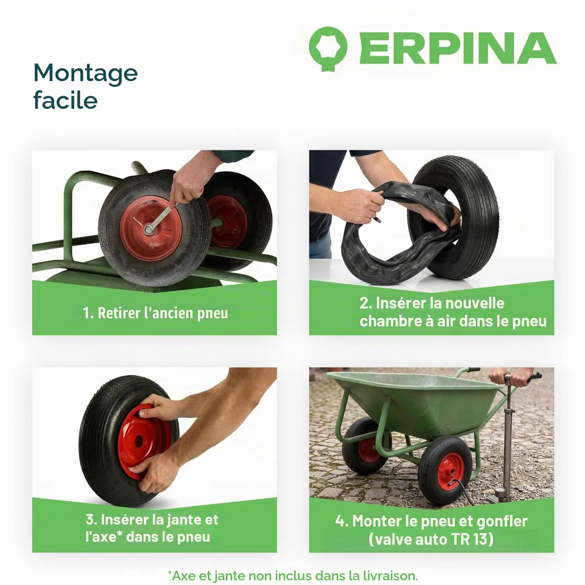 Ensemble de pneus de rechange pour brouette incl. chambre à air 4.80/4.00-8 (400x100) 4PR avec valve automatique - enveloppe de pneu universel robuste pour brouette, chariot de jardin et