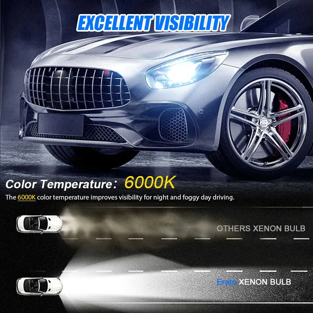 Erato D3S Xénon HID Ampoules Voiture, 6000K 35W Diamond Blanc Froid Ampoule Xenarc Décharge au Xénon 12V Remplacer HID Kit de Conversion Ultra Lumineux Phares Mise à Niveau étanche, 2 Lampes