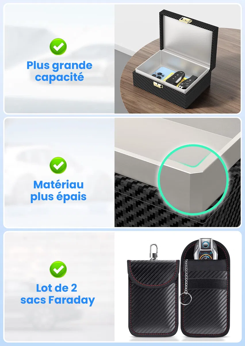 Boîte Anti RFID Clé Voiture Ensemble avec Etui RFID, Boitier Blocage Signal RFID Protection de Sécurité Clé Télécommande Voiture Keyless Go Contre Piratage à Distance Noir (Noir L)