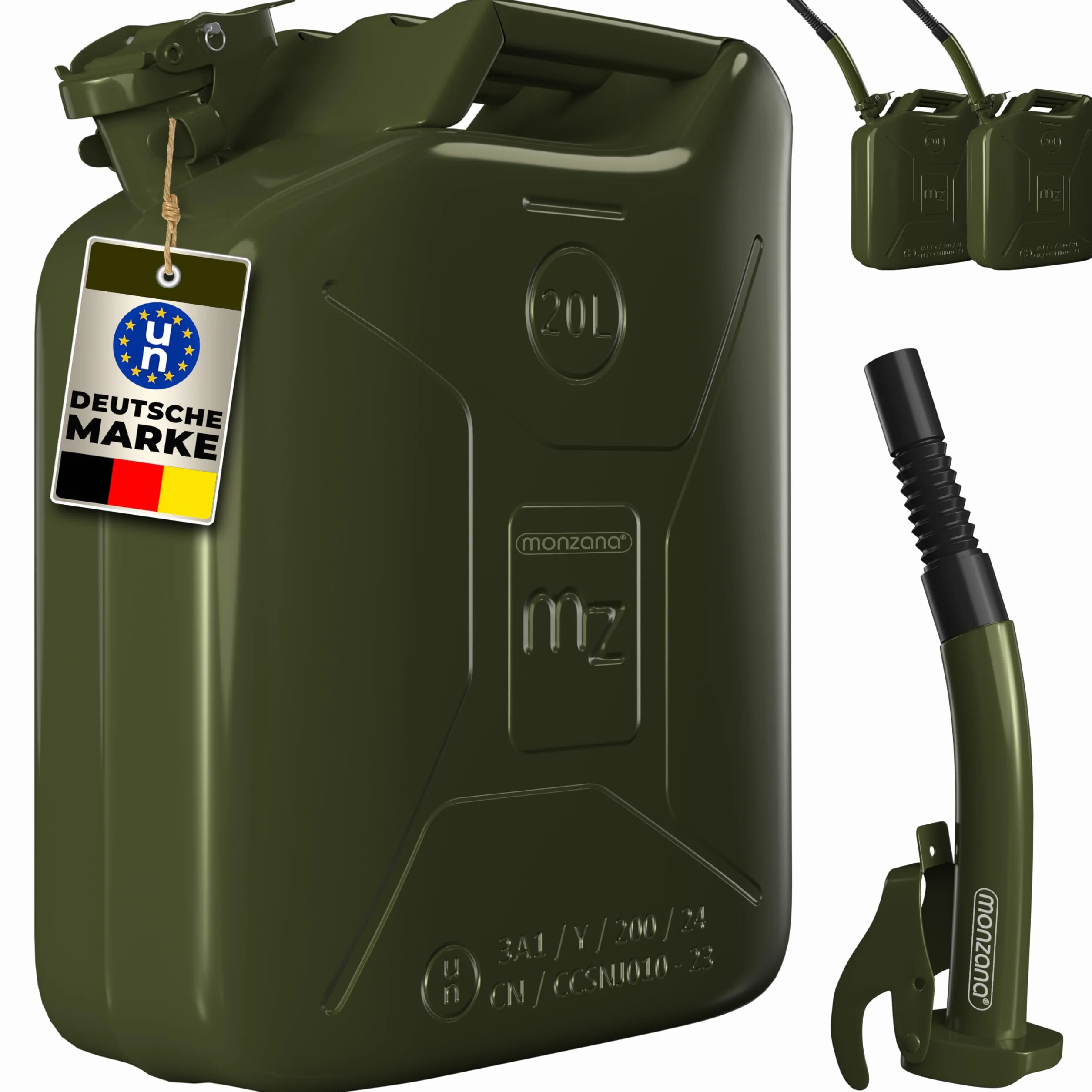 MONZANA® 3x Jerrican essence 20L métal bec verseur homologation ONU transport liquide diesel essence voiture huile moto bidon récipient