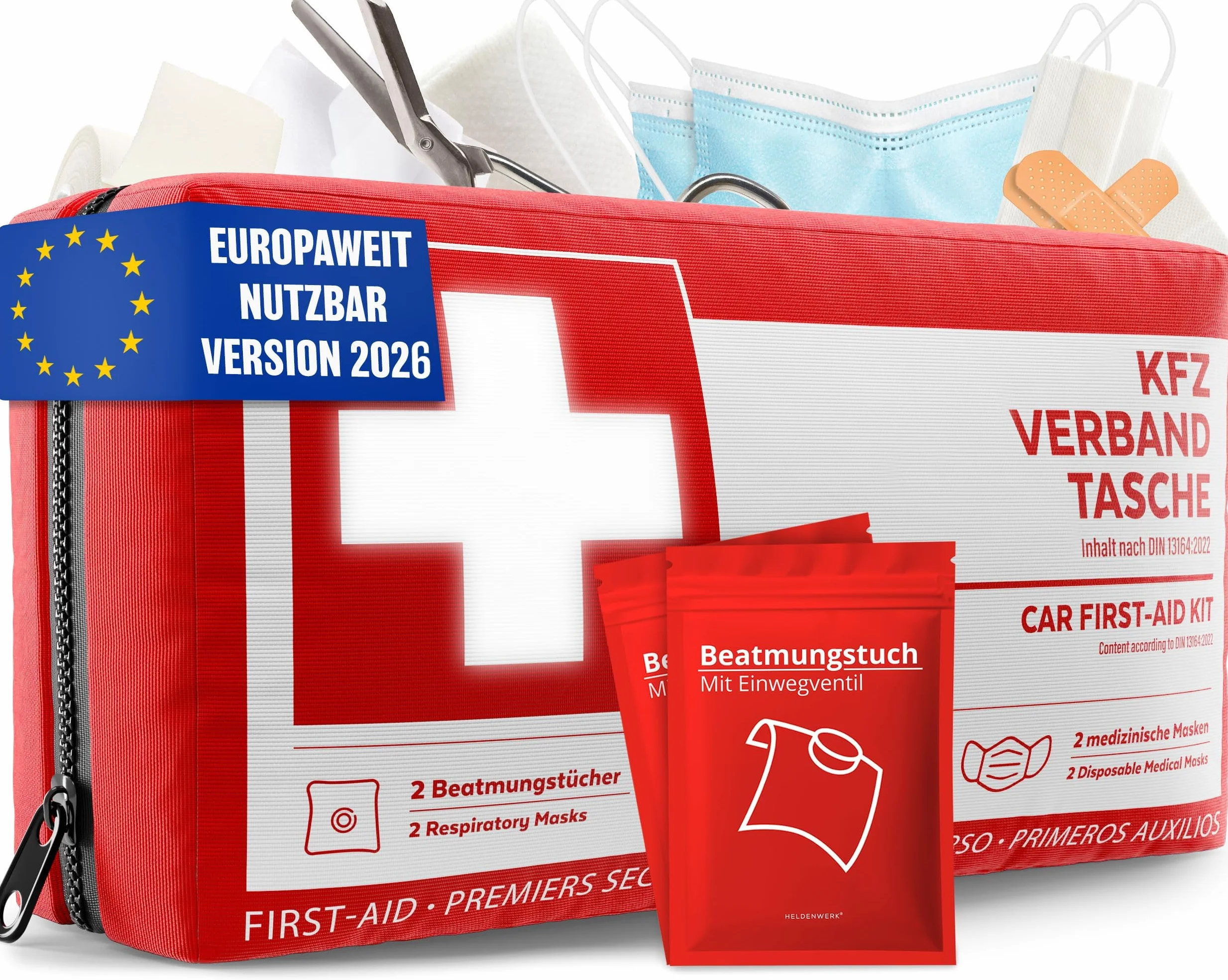 Trousse de premiers secours pour véhicule conforme à la norme 2026 incluant des serviettes de respiration - Trousse de secours pour véhicule utilisable dans toute l'Europe - Kit de premiers secours