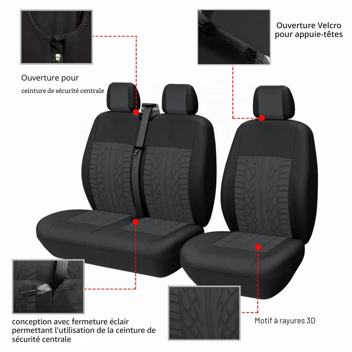 TOYOUN Housses de Sieges Universelles, Housse Couverture Couvre Sieges pour Camion Camionnette Van Bus pour conducteur et Passager 2 + 1, Housses de siège Avant Simple et Double, Impression 3D, Noir