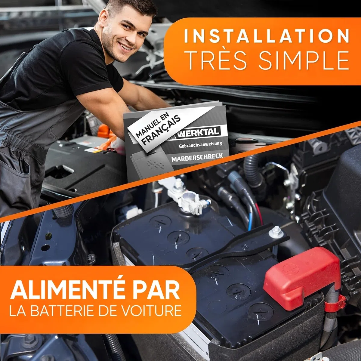 WERKTAL Anti-Martre Voiture – Répulsif Ultrasons & Lumière Flash [Alimentation Batterie Auto] – Marderabwehr Automatique – Protection Moteur Durable – Dispositif Anti Martre Efficace