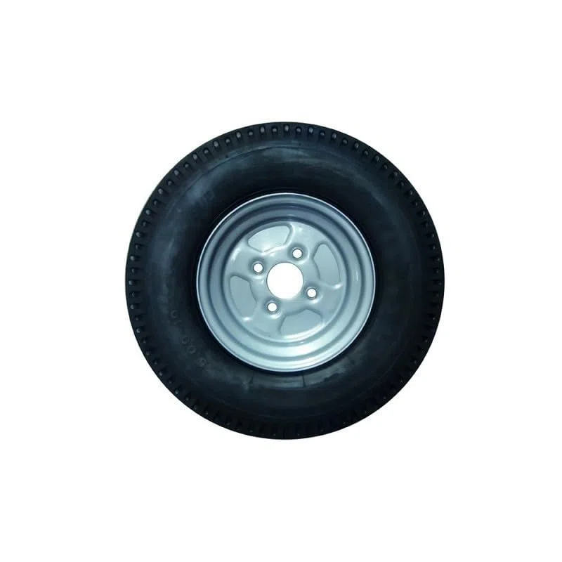 Roue complète 500x10 10" - 4 Trous - Entraxe 100mm - Déport 0 - Pour remorque - 10 pouces - Largeur 5 pouces - Indice de vitesse N 140km/h - Indice de charge 72 (355kg)