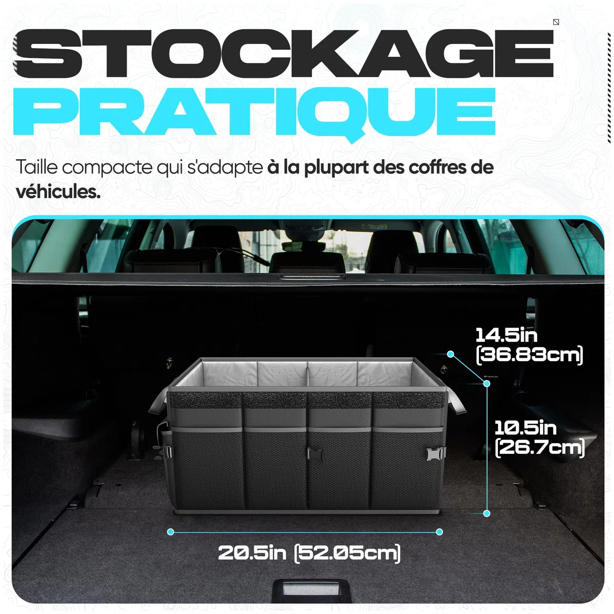 FORTEM Organiseur de coffre de voiture, pliable, plusieurs compartiments, rangement pliable pour accessoires de voiture, fond antidérapant, sangles de sécurité, couvercle souple, 50 L (Noir, Standard)