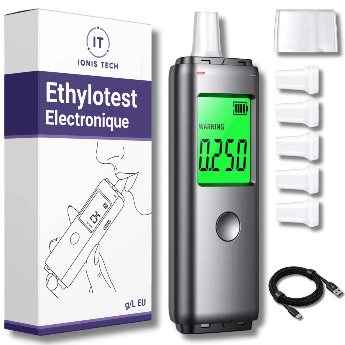Éthylotest Électronique - Rechargeable USB – Affichage g/L Clair, Résultat Rapide, Écran LCD - Compact & Portable - Embouts Hygiéniques – Test Taux d'alcool - Alcootest Personnel
