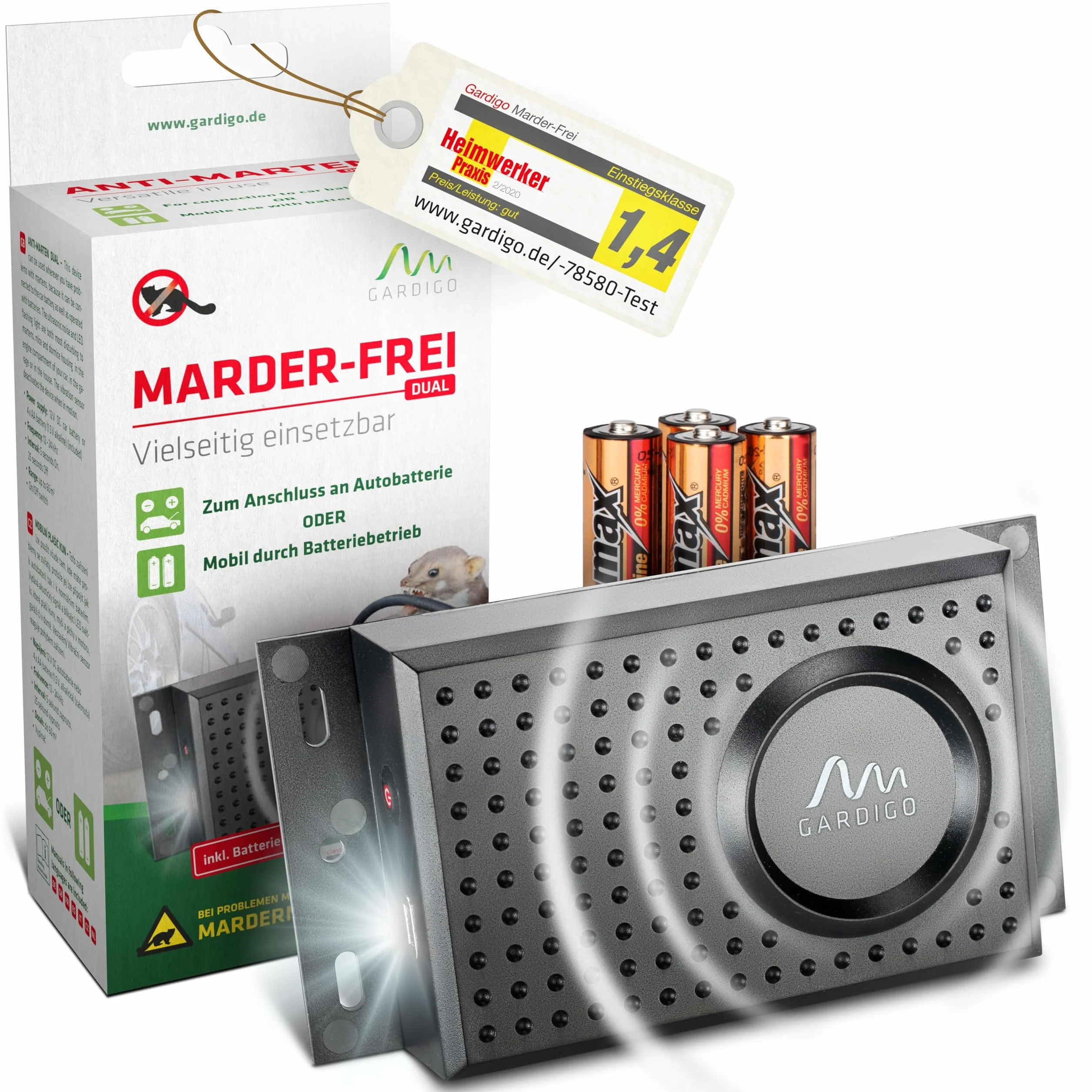 Gardigo® Répulsif Anti-Fouine Voiture – Alimentation Piles ou Batterie Voiture 12V – Flash LED & Ultrason – Protection Moteur, Garage, Grenier, Maison – Anti Martre Efficace