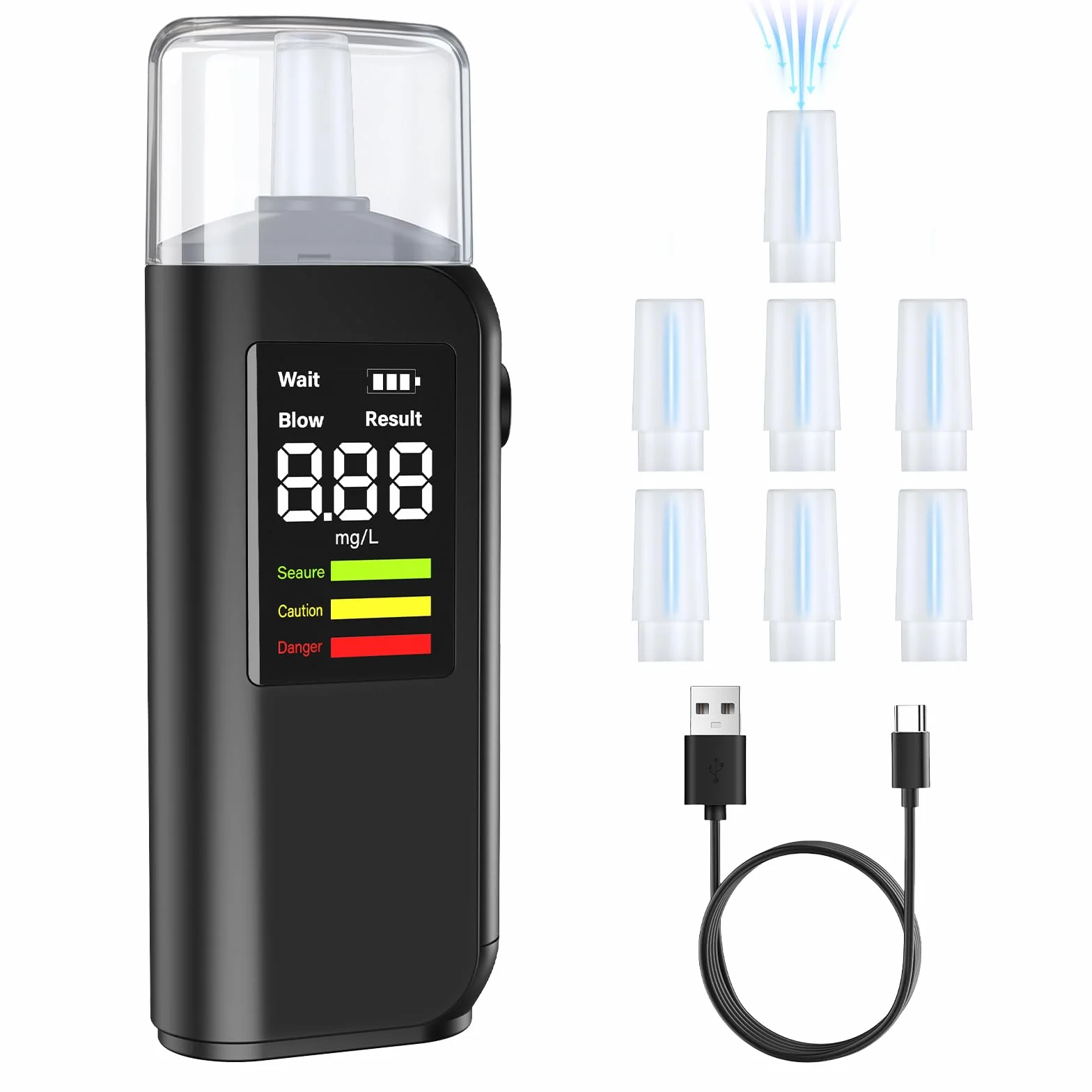 Alcootest Ethylotest Electronique, HD LED d'Affichage Numérique, Charge Type-C, Capteur Haute précision, Deux méthodes de test, Avec 8 embouts, pour un usage personnel, domestique et professionnel