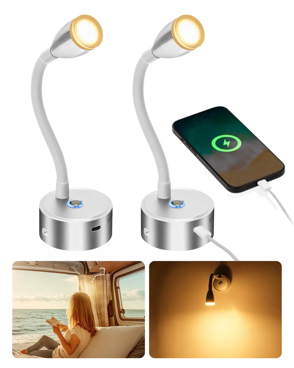 SUPAREE Lampe 12V LED Caravane Lampe 12V Camping-car avec USB Éclairage 12V LED Camping Car Col de Cygne avec Prise USB C Interrupteur Tactile 3000K Acrylique 2Pcs