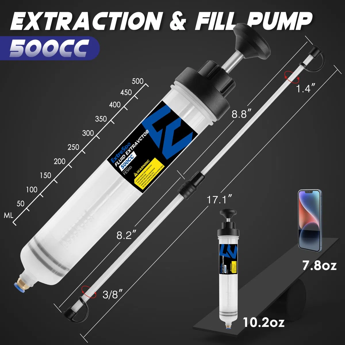 ExtreSpo Seringue a Huile 500ML, Huile Aspiration Seringue-Pompe de Transfert, Pompe Huile Vidange avec Tuyau, Seringue de Vidange Pompe à Main