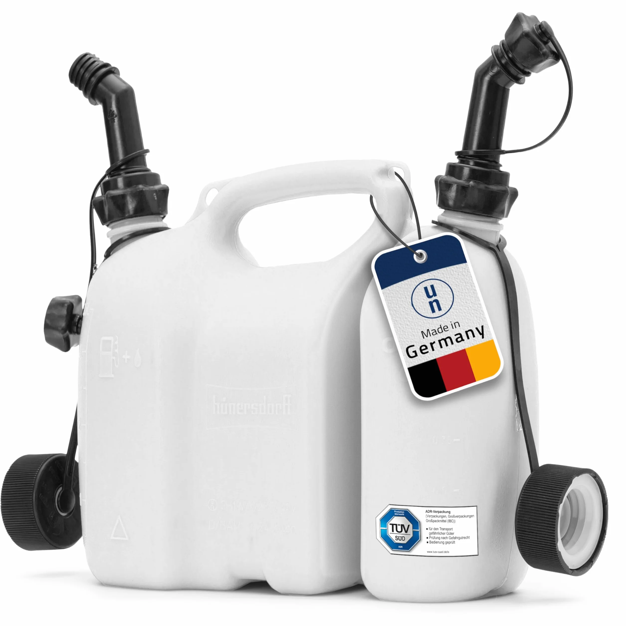 hünersdorff Bidons doubles/Bidons combinés pour carburant et huile avec 2 tuyaux d'écoulement, 3 + 1,5 litres, homologation UN, Made in Germany