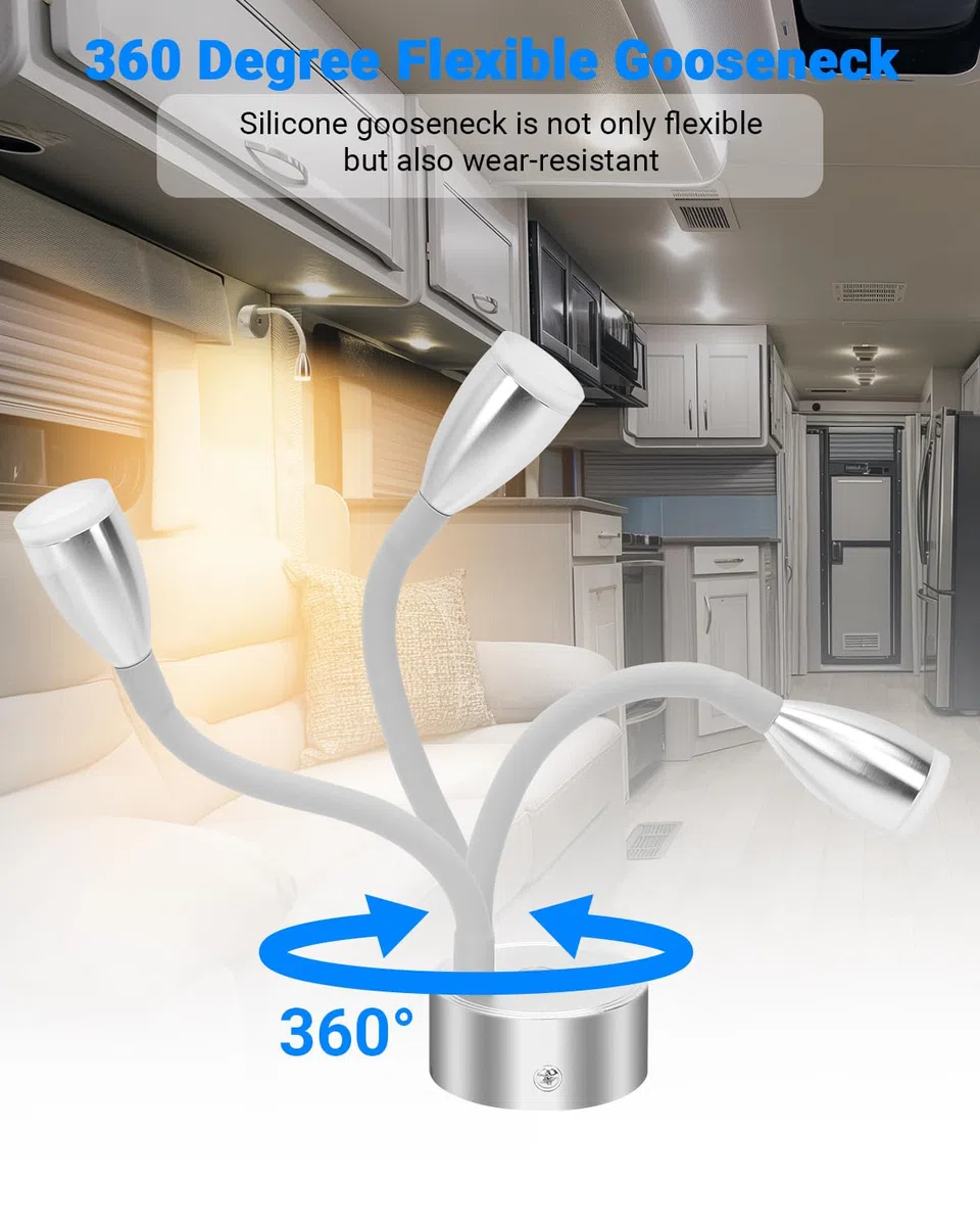 SUPAREE Lampe 12V LED Caravane Lampe 12V Camping-car avec USB Éclairage 12V LED Camping Car Col de Cygne avec Prise USB C Interrupteur Tactile 3000K Acrylique 2Pcs