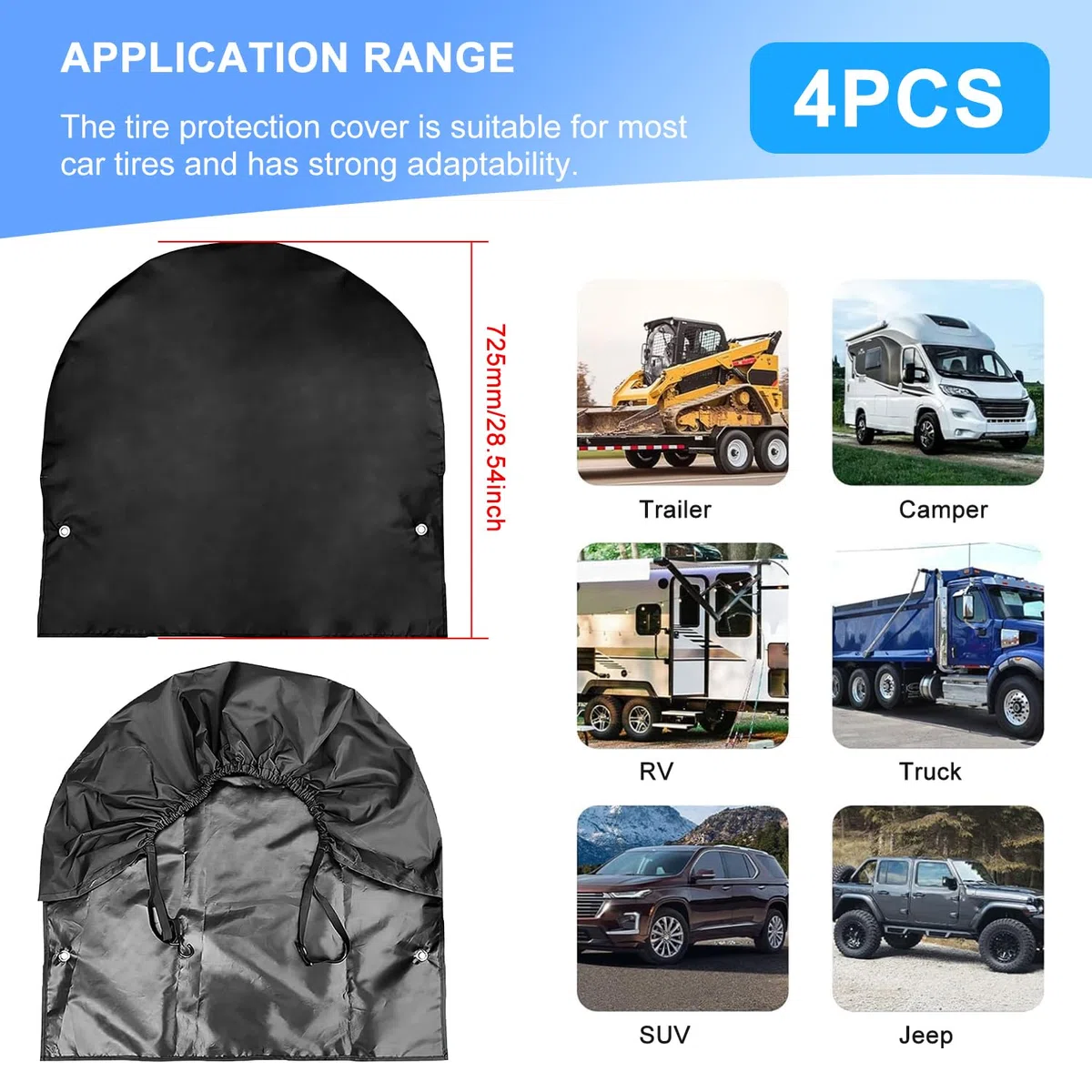Housses De Pneus de Roue de Caravane pour Camping-Car Remorque Lot de 4 Imperméables Anti-UV pour Pneus de 27 à 29 Pouces de Diamètre 72,5 x 72,5 cm (Noir-4PCS)