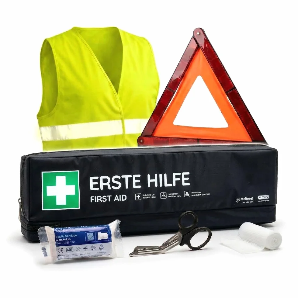 Trousse de premiers secours pour voiture avec triangle de signalisation et gilet de signalisation conforme à la norme DIN 13164:2022 | Valable pour 2025 | Boîte de premiers secours pour voiture