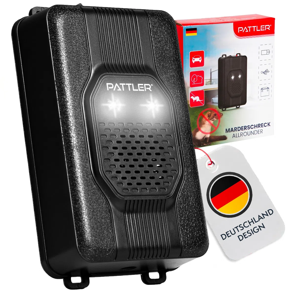 PATTLER® Anti Martre à Ultrasons avec Lumière – Répulsif Anti Martre pour Voiture avec Alimentation 12V, Piles AA ou USB, Protection Efficace contre les Martres. 1 Unité