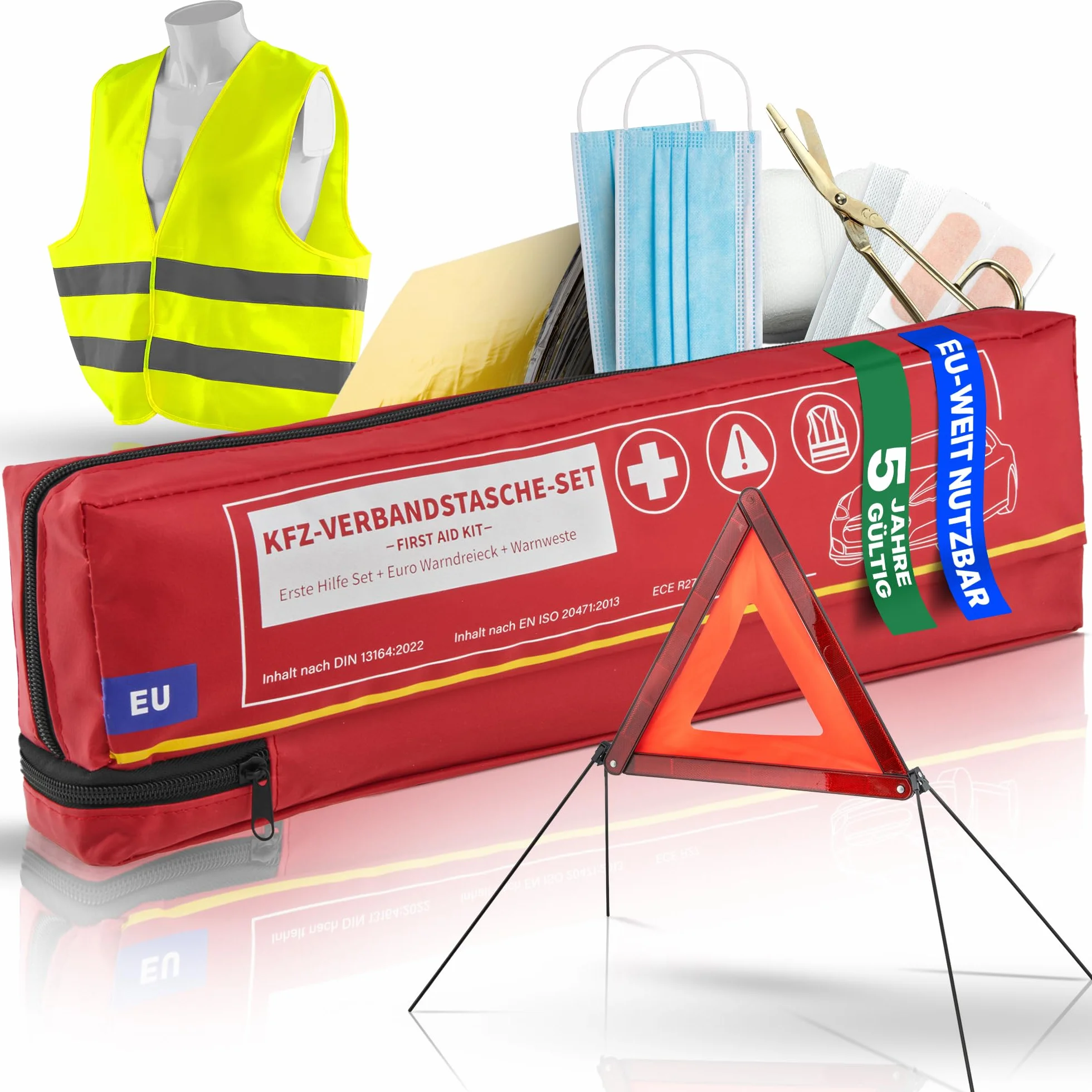 Smart-Planet Trousse de premiers secours pour voiture - 47 pièces - Conforme à la norme allemande StVO - Utilisable dans toute l'Europe - Sac combiné - Triangle de signalisation
