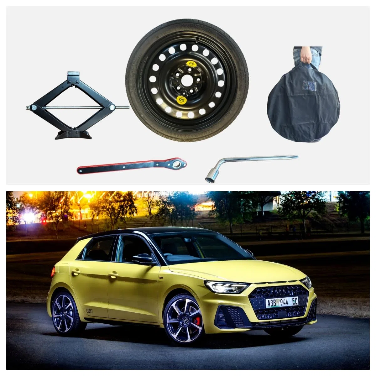 D'ANGELO 1988 Kit Roue de secours 17" compatible avec @udi A1 avec Cric, Clé et Sac (125/70R17-61x13)