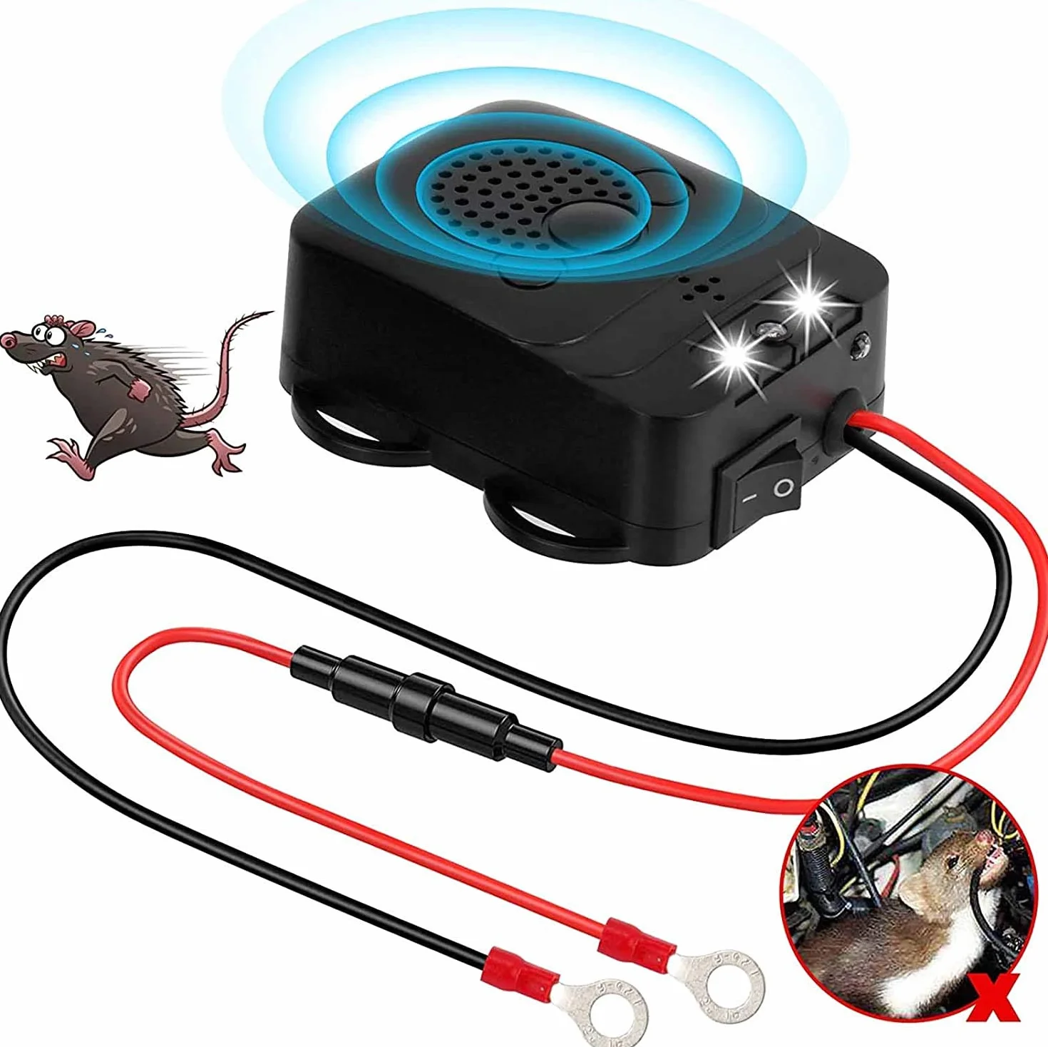Grunda Répulsif Ultrason pour Voiture - Fréquence à ultrasons 12 kHz - 25 kHz - Connexion à une batterie de voiture 12 V - Protection contre les martres - Répulsif animaux - Avec 3 LED flash