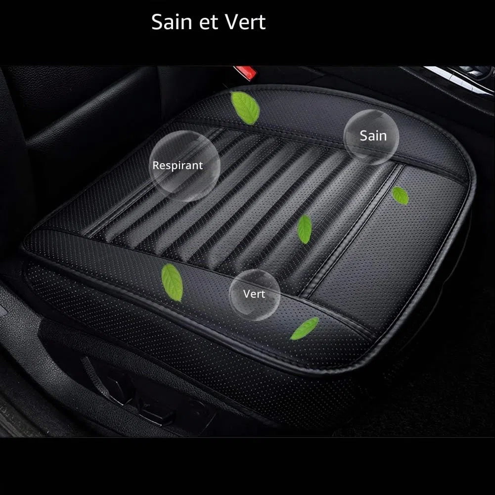 Housse de Siège de Voiture Avant Universelle Super Respirant Charbon de Bois de Bambou Cuir PU,20,8 * 20,1’’(1 Pièce-Noir)