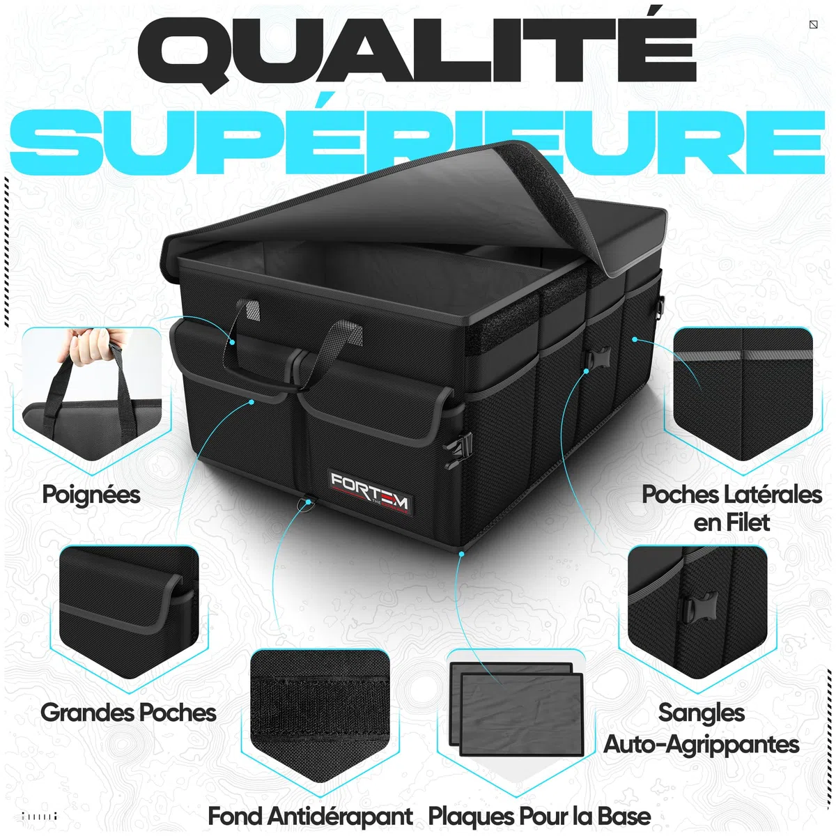 FORTEM Organiseur de coffre de voiture, pliable, plusieurs compartiments, rangement pliable pour accessoires de voiture, fond antidérapant, sangles de sécurité, couvercle souple, 50 L (Noir, Standard)