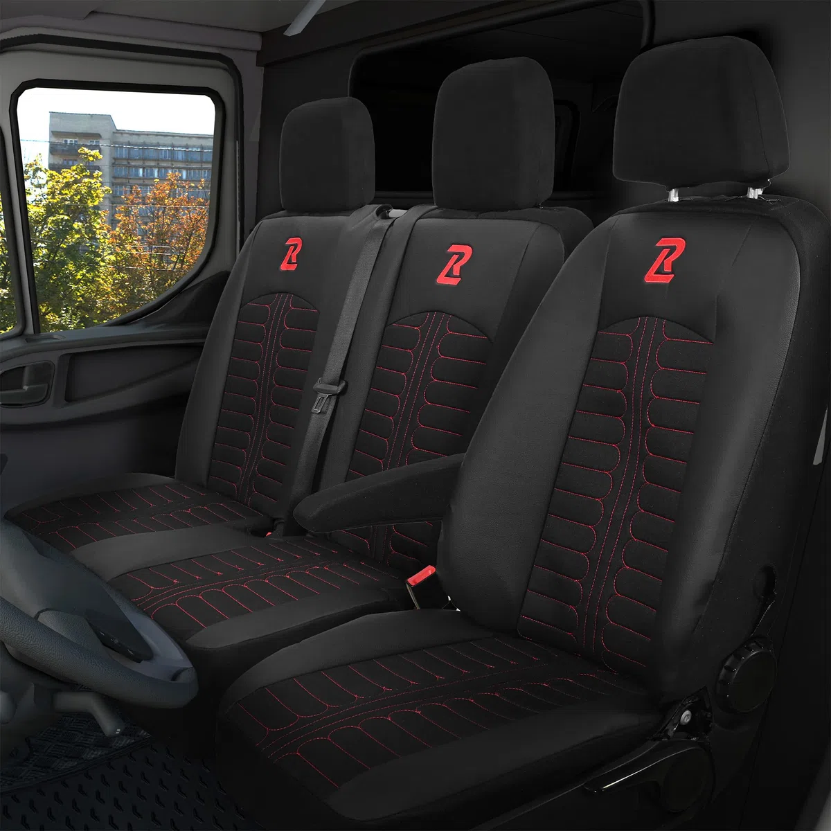 LUCARO Housse Siege Voiture Mercedes Sprinter 3 à partir de 2018 - Ensembles de Housses de Siège 2+1 - Housse de Siege Voiture Noir Rouge - Couvre Siege Auto