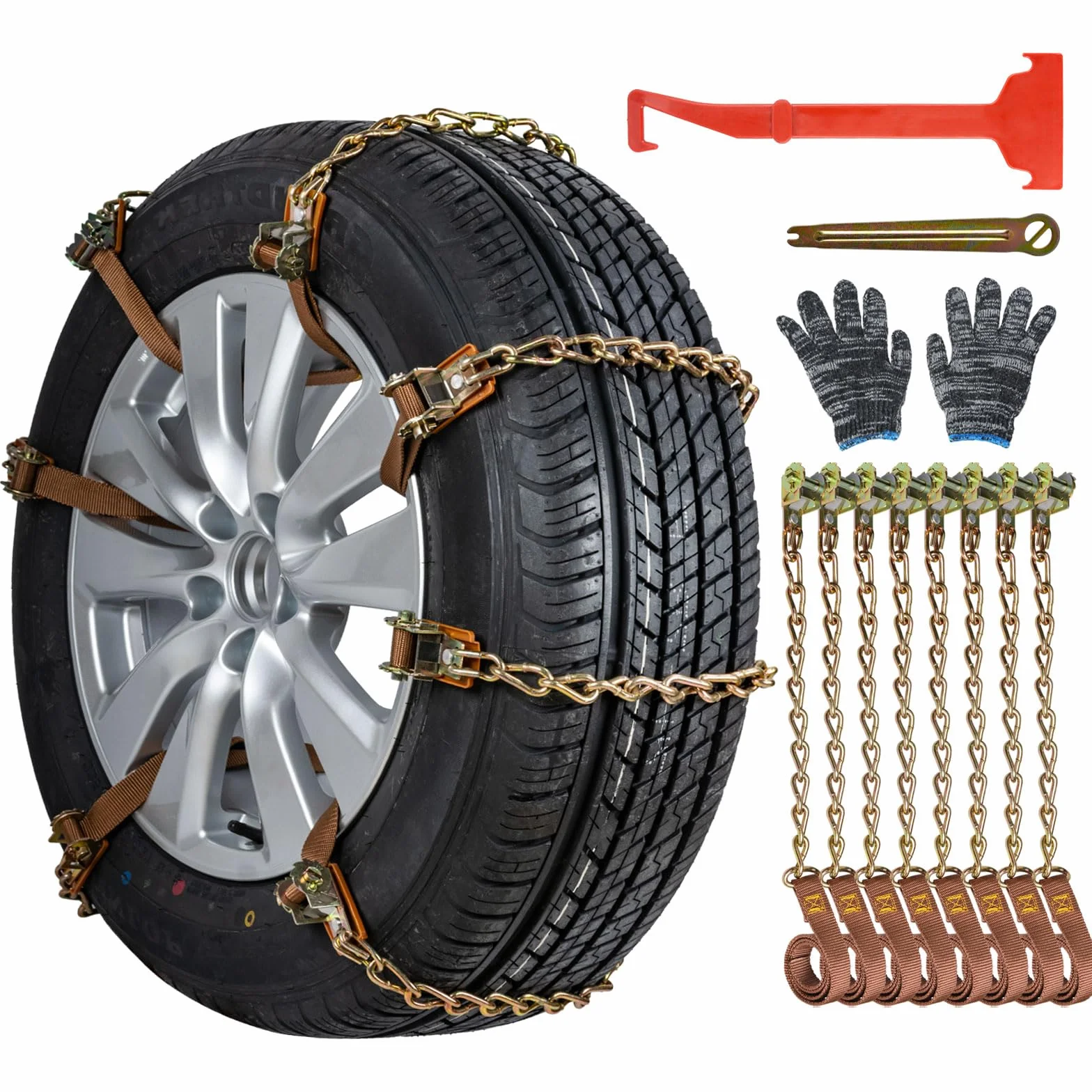 Chaînes à neige 8pcs Chaînes réglables antidérapantes avec pelle à neige en plastique et gants Facile à installer Chaîne à neige de pneu durable pour voiture, camion, SUV Roadway Snow Roads