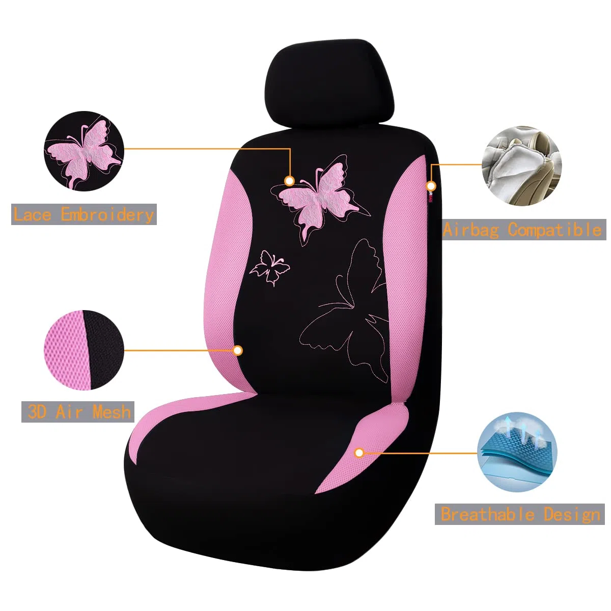 Flying Banner Housses de siège de Voiture Universelle Tendance avec Broderie Papillon Motif (Avant, Rose)