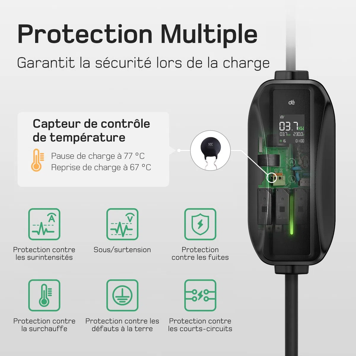 dé Chargeur Voiture Electrique 3,68kW [6m, 6/8/10/13/16A] Cable Type 2 Recharge avec Affichage Numérique Contrôlable Compatible avec e-208, Spring, 500e, Model 3, Megane EV, Zoe et Autres EV et PHEV