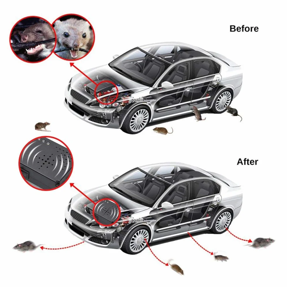 Grunda Répulsif Ultrason pour Voiture - Fréquence à ultrasons 12 kHz - 25 kHz - Connexion à une batterie de voiture 12 V - Protection contre les martres - Répulsif animaux - Avec 3 LED flash