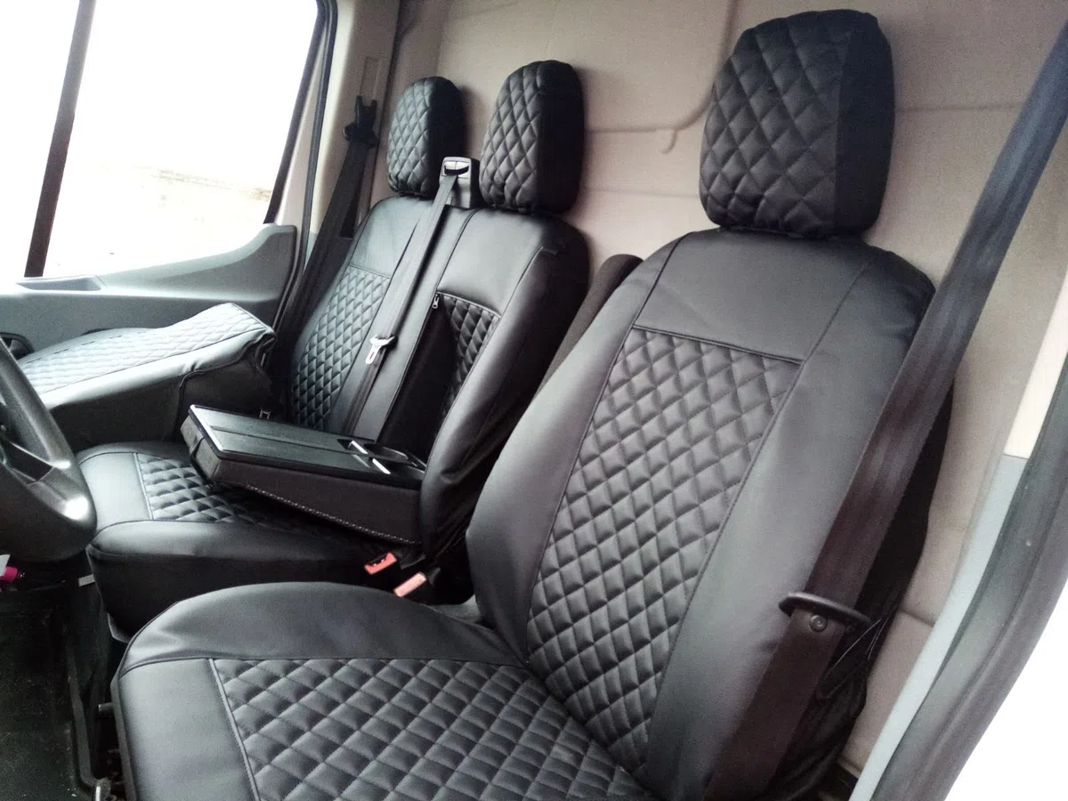 Housses de siège avant 2+1 adaptées pour FORD TRANSIT CUSTOM après 2015 petite cabine en cuir écologique noir pour conduite à gauche