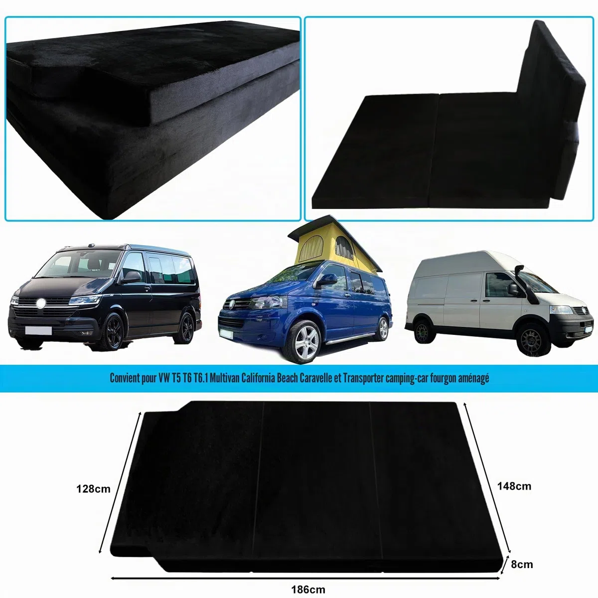 Matelas Pliant Portable épais Compatible avec VW T5 T6 T6.1 Multivan California Beach Caravelle et Transporter 186 x 148 x 8 cm Accessoires de Camping-Car