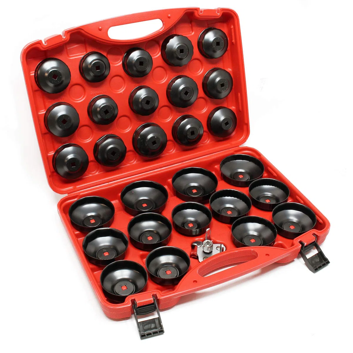 WilTec Coffret 29 pcs. de Coiffes pour filtre à huile - 65-120 mm - en Acier carbone - avec une clé araignée - dans un Coffret - grande compatibilité