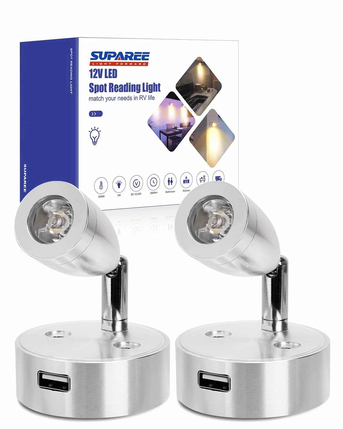 SUPAREE Lampe 12V LED Caravane 12V Éclairage LED USB Lampe de Lecture Camping Car 3200K Dimmable avec Prise USB Interrupteur Tactile pour RV Camion Bateau Van Fourgon 2Pcs