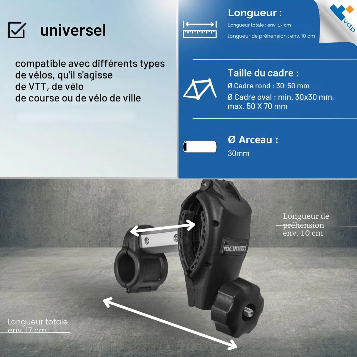 MENABO Support de Cadre Universel pour Porte-vélos - Court 17 cm - Support de Rechange pour Porte-vélo - Support de Cadre de vélo pour diamètre de Cadre de 3 à 7 cm - pour Tube en U de 3 cm de