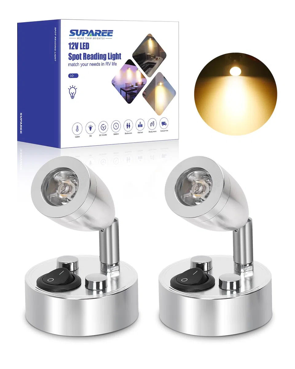 SUPAREE 12V LED Spot Lampe de Lecture Interrupteur Réglable Lumière Chaude pour Camping Car Van Bateau Led Lumière Intérieure (2 PCS) (A-ON/OFF Switch)