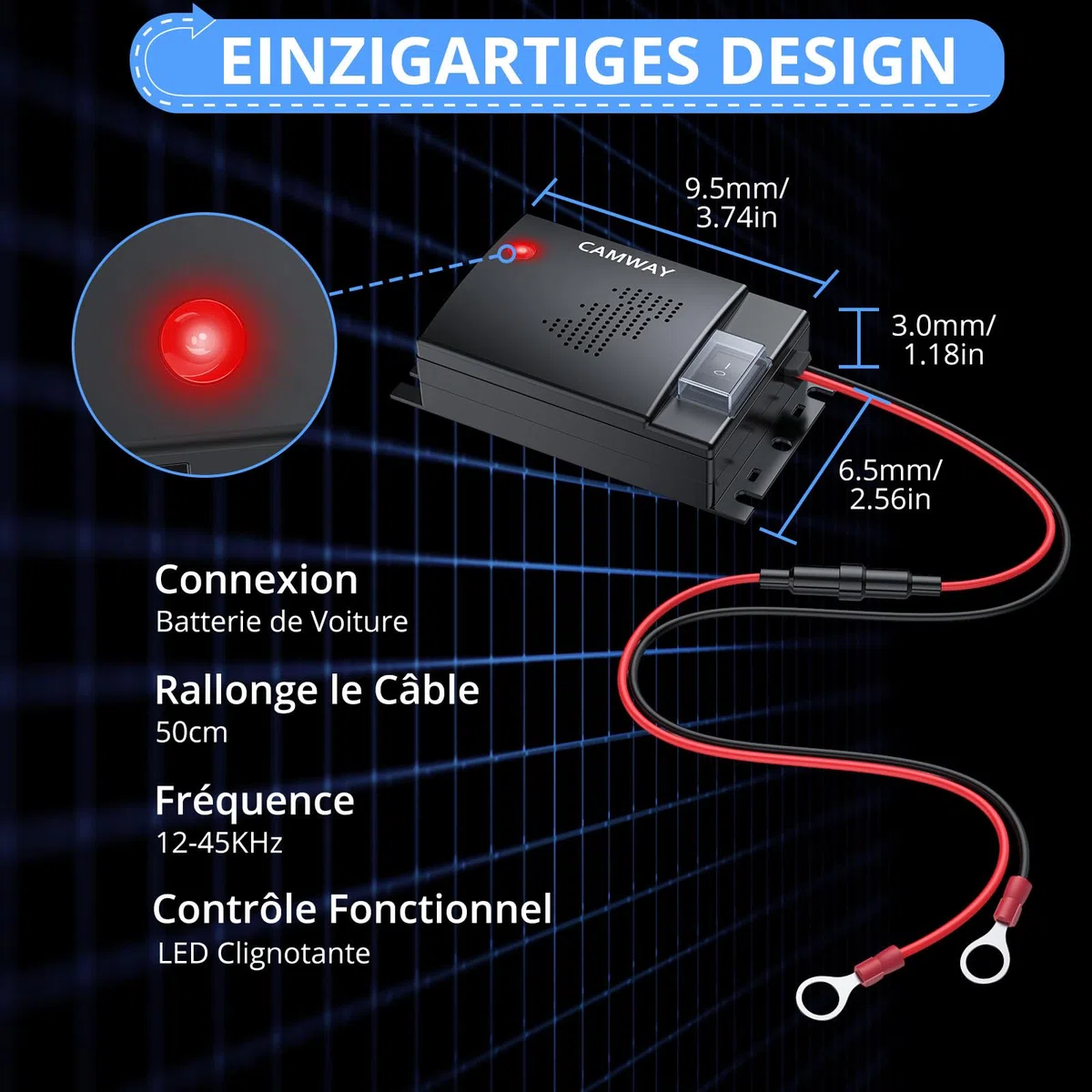 CAMWAY Répulsif Ultrason Souris pour Voiture DC 12V Répulsif Ultrason Rongeur Connexion à La Batterie de Voiture avec Voyants de Travail Nouvelle Version Ligne d'Extension 50cm Nouveau (2)