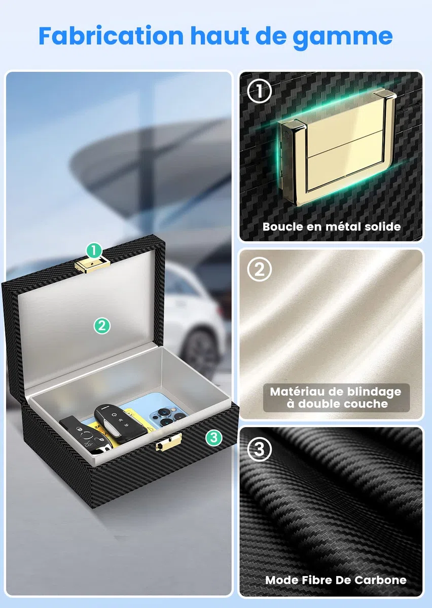 Boîte Anti RFID Clé Voiture Ensemble avec Etui RFID, Boitier Blocage Signal RFID Protection de Sécurité Clé Télécommande Voiture Keyless Go Contre Piratage à Distance Noir (Noir L)