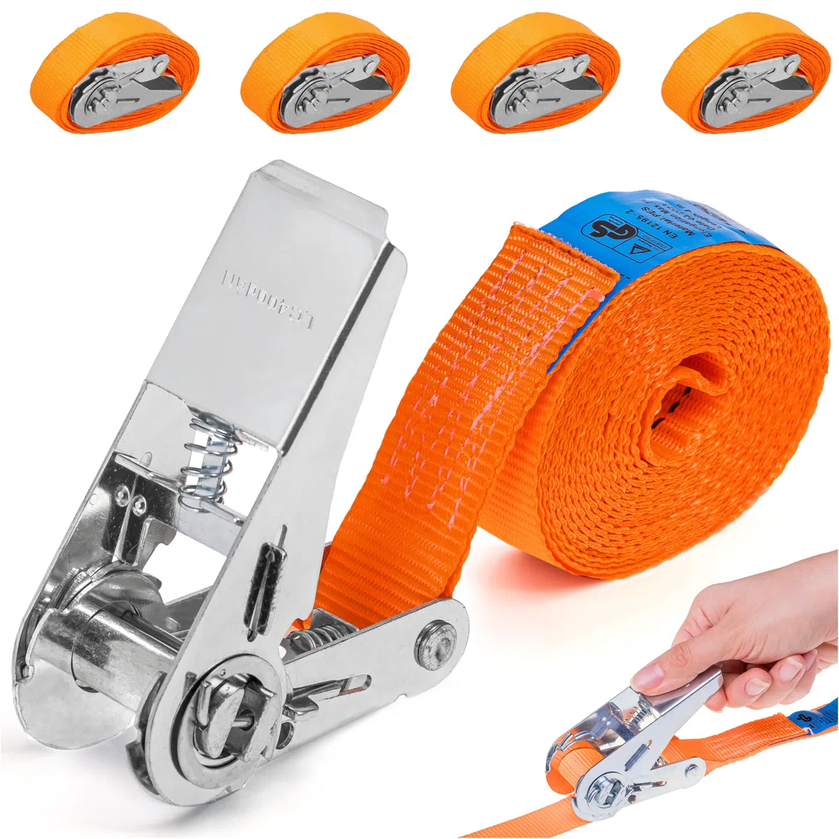 INTAKO Lot de 4 Sangles à Cliquet (4m ou 6m) - 25mm 800kg - Sangles d’Arrimage Moto, Remorque, Quad, Bagages - Certifiées TÜV GS, DIN en 12195-2 (Orange, 4m (Lot de 4))