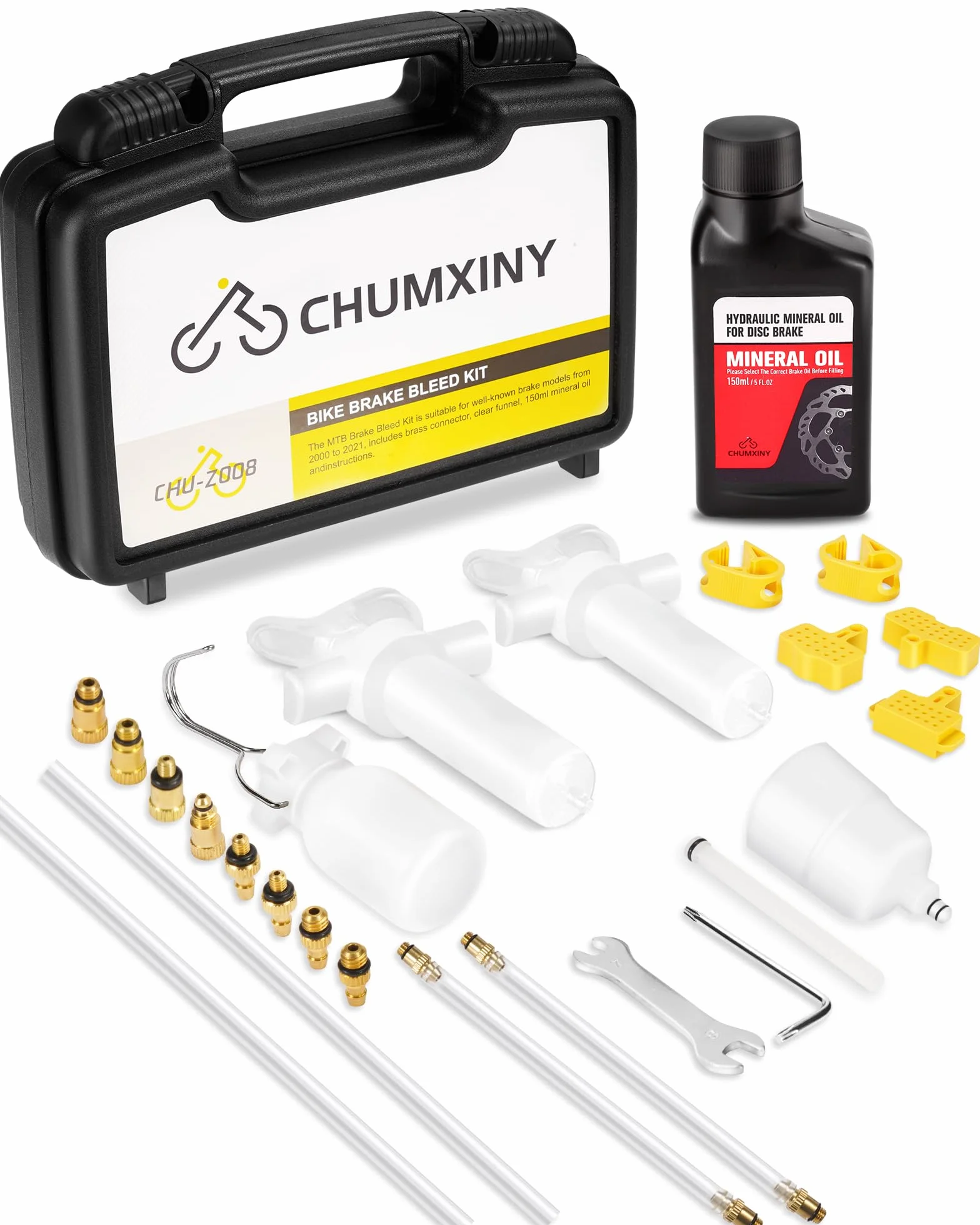 CHUMXINY Kit Purge Frein pour Shimano, TEKTRO, MAGURA Hydraulic Disc Series. kit Purge Frein Velo Comprenant des Raccords Métalliques et 150 ML de Liquide de Huile minérale.