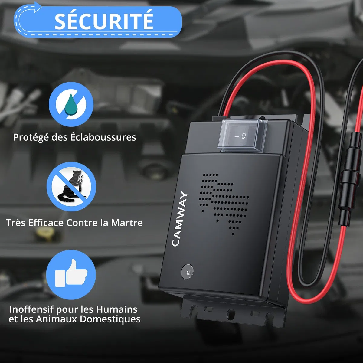 CAMWAY Répulsif Ultrason Souris pour Voiture DC 12V Répulsif Ultrason Rongeur Connexion à La Batterie de Voiture avec Voyants de Travail Nouvelle Version Ligne d'Extension 50cm Nouveau (2)