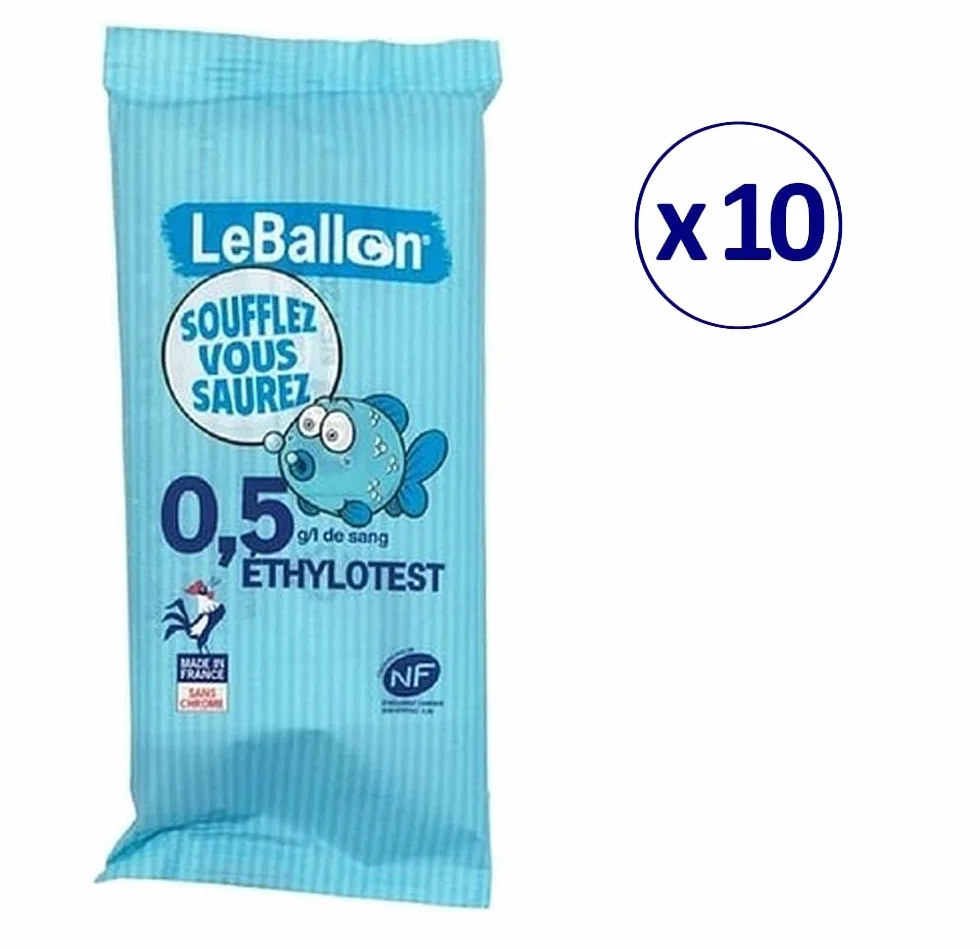 ETHYLOTEST Norme NF 0,5g/l - Le Ballon - Lot de 10 sans Chrome Produit Français - Validité 07/2028 - Norme NF (NFX 20702)