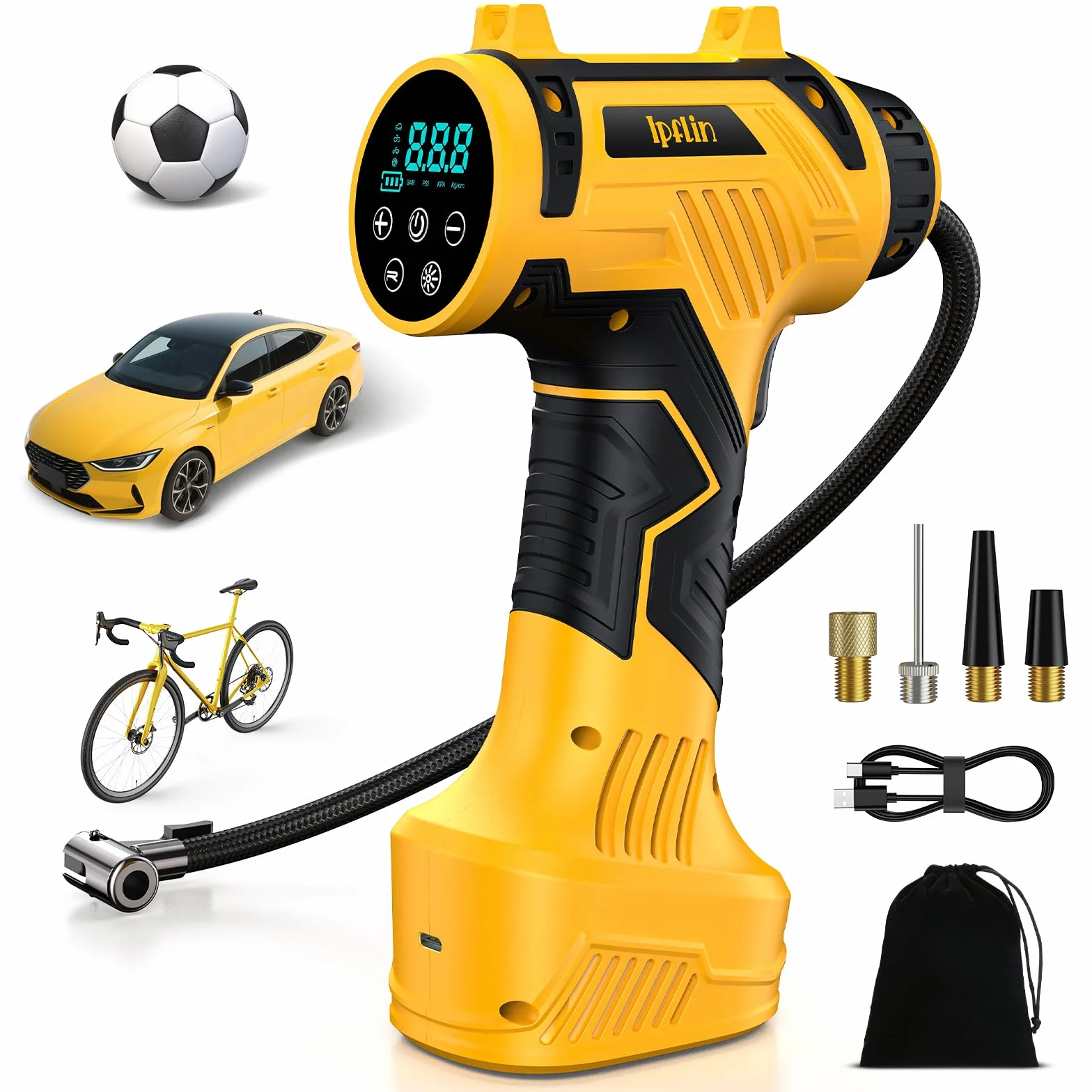 Gonfleur Pneus Voiture Sans Fil – 150PSI 22L/Min Compresseur d‘Air Portatif, Batterie Rechargeable avec Arrêt Auto, Écran LED & 4 Modes:Voiture/Vélo/Moto/Ballon