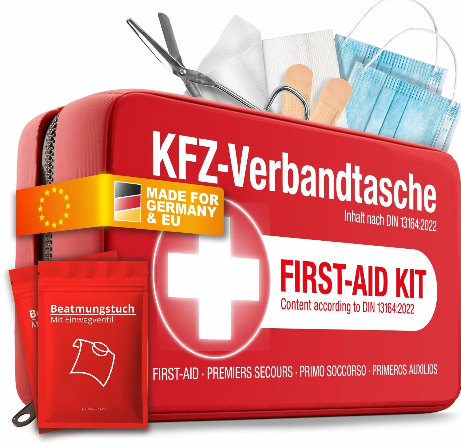 Trousse de premiers secours pour voiture conforme à la norme actuelle 2025 avec lingettes respiratoires – Boîte de premiers secours utilisable dans toute l'Europe – Kit de premiers secours nouvelle